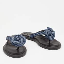 Chanel Blue Tweed Camellia Thong Flat Sandals Size 37.5