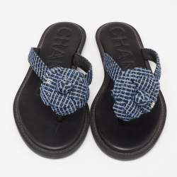 Chanel Blue Tweed Camellia Thong Flat Sandals Size 37.5