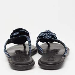Chanel Blue Tweed Camellia Thong Flat Sandals Size 37.5