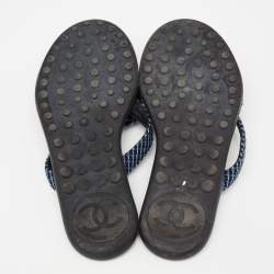 Chanel Blue Tweed Camellia Thong Flat Sandals Size 37.5