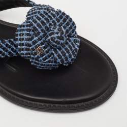 Chanel Blue Tweed Camellia Thong Flat Sandals Size 37.5