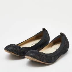 Pre Owned Chanel Black Shimmering Suede CC Ballet Flats Size 36.5