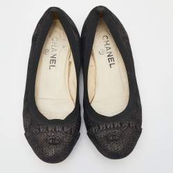 Pre Owned Chanel Black Shimmering Suede CC Ballet Flats Size 36.5