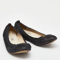Pre Owned Chanel Black Shimmering Suede CC Ballet Flats Size 36.5