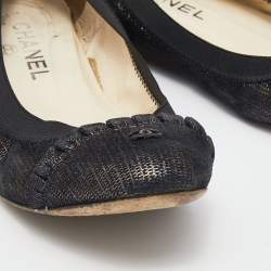 Pre Owned Chanel Black Shimmering Suede CC Ballet Flats Size 36.5