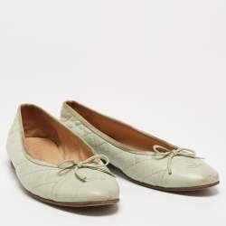 Pre Owned Chanel Mint Green Quilted Leather Bow CC Cap Toe Ballet Flats Size 39.5