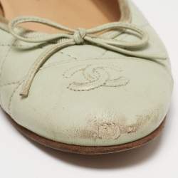 Pre Owned Chanel Mint Green Quilted Leather Bow CC Cap Toe Ballet Flats Size 39.5