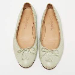 Pre Owned Chanel Mint Green Quilted Leather Bow CC Cap Toe Ballet Flats Size 39.5