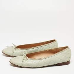 Pre Owned Chanel Mint Green Quilted Leather Bow CC Cap Toe Ballet Flats Size 39.5