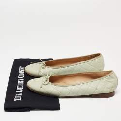 Pre Owned Chanel Mint Green Quilted Leather Bow CC Cap Toe Ballet Flats Size 39.5