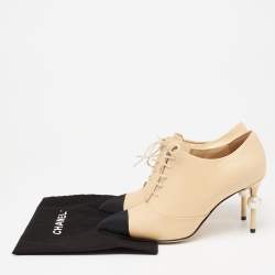 Chanel Beige/Black Leather And Canvas Pearl Lace Up Booties Size 38