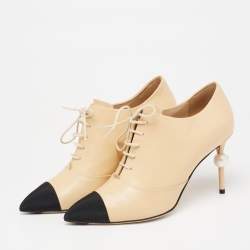 Chanel Beige/Black Leather And Canvas Pearl Lace Up Booties Size 38