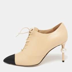 Chanel Beige/Black Leather And Canvas Pearl Lace Up Booties Size 38