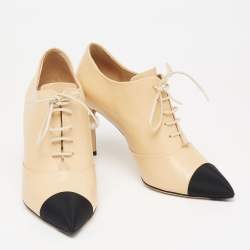Chanel Beige/Black Leather And Canvas Pearl Lace Up Booties Size 38