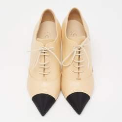Chanel Beige/Black Leather And Canvas Pearl Lace Up Booties Size 38