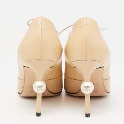 Chanel Beige/Black Leather And Canvas Pearl Lace Up Booties Size 38