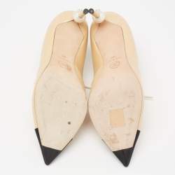 Chanel Beige/Black Leather And Canvas Pearl Lace Up Booties Size 38