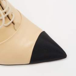 Chanel Beige/Black Leather And Canvas Pearl Lace Up Booties Size 38