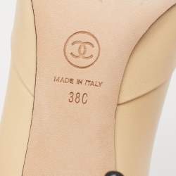 Chanel Beige/Black Leather And Canvas Pearl Lace Up Booties Size 38