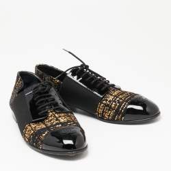 Pre Owned Chanel Black/Gold Tweed And Patent Cap Toe Oxfords Size 38