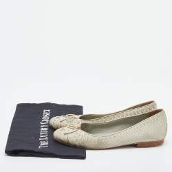 Pre Owned Chanel Pale Green Python Leather CC Bow Cap Toe Ballet Flats Size 37