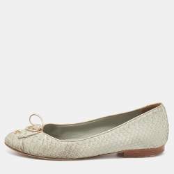 Pre Owned Chanel Pale Green Python Leather CC Bow Cap Toe Ballet Flats Size 37