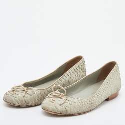 Pre Owned Chanel Pale Green Python Leather CC Bow Cap Toe Ballet Flats Size 37