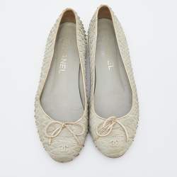 Pre Owned Chanel Pale Green Python Leather CC Bow Cap Toe Ballet Flats Size 37