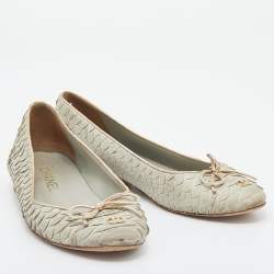 Pre Owned Chanel Pale Green Python Leather CC Bow Cap Toe Ballet Flats Size 37
