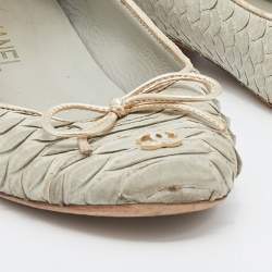 Pre Owned Chanel Pale Green Python Leather CC Bow Cap Toe Ballet Flats Size 37