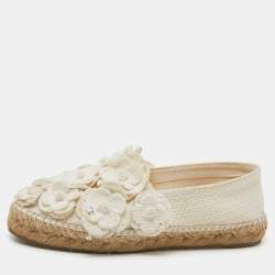 Chanel Off White Canvas CC Camellia Espadrille Flats Size 38