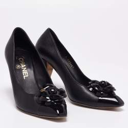 Chanel Black Leather And Patent Camellia  Pumps Size 37