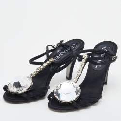 Pre Owned Chanel Black Satin Diamante Strappy Sandals Size 37