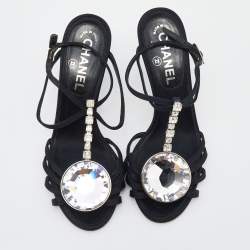 Pre Owned Chanel Black Satin Diamante Strappy Sandals Size 37