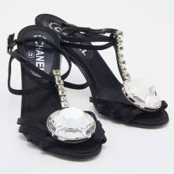 Pre Owned Chanel Black Satin Diamante Strappy Sandals Size 37