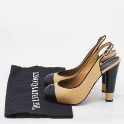 مملوكة مسبقًا صندل شانيل جلد بيج/أسود سي سي مقدمة سوداء فتحة كعب مقاس 36