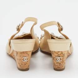 Chanel Cream Leather Cork Wedge Heel Slingback Sandals Size 37