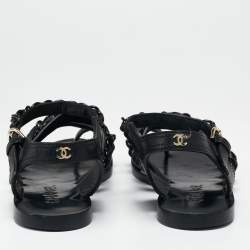 Pre Owned Chanel Black Leather Chain Flat Sandals Size 36.5