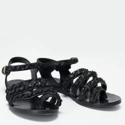 Pre Owned Chanel Black Leather Chain Flat Sandals Size 36.5
