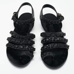 Pre Owned Chanel Black Leather Chain Flat Sandals Size 36.5