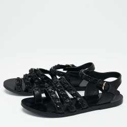 Pre Owned Chanel Black Leather Chain Flat Sandals Size 36.5