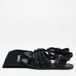 Pre Owned Chanel Black Leather Chain Flat Sandals Size 36.5