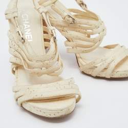 Chanel Cream Leather Chain Embellished Cork Block Heel Strappy Sandals Size 38.5