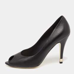 Pre Owned Chanel Black Leather CC Peep-Toe Pumps Size 40.5