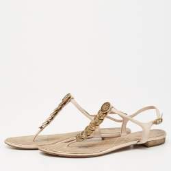 مملوكة مسبقًا Chanel Beige Leather CC Coin Thong Strap Flat Sandals Size 41