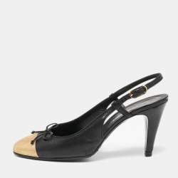 Chanel Black/Gold Leather Bow CC Cap-Toe Slingback Pumps Size 38 Chanel