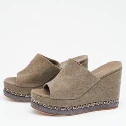 مملوكة مسبقًا Chanel Khaki Canvas CC Wedge Platform Slide Sandals Size 37