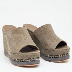 مملوكة مسبقًا Chanel Khaki Canvas CC Wedge Platform Slide Sandals Size 37