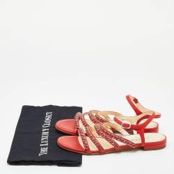 Chanel Red Leather Chain Detail Strappy Flat Sandals Size 39.5