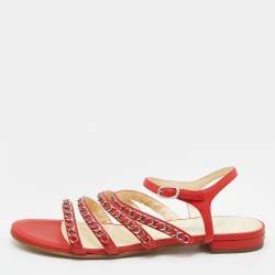 Chanel Red Leather Chain Detail Strappy Flat Sandals Size 39.5